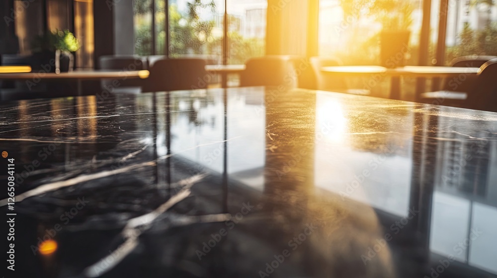 Fototapeta premium Sunlight reflecting off marble countertops in a caf