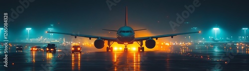 Front view of a passenger airplane taxiing towards runway at night, with busy airport traffic and glowing runway lights in a stunning nighttime scene