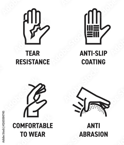 Working gloves characteristics icons set for labeling in bold line