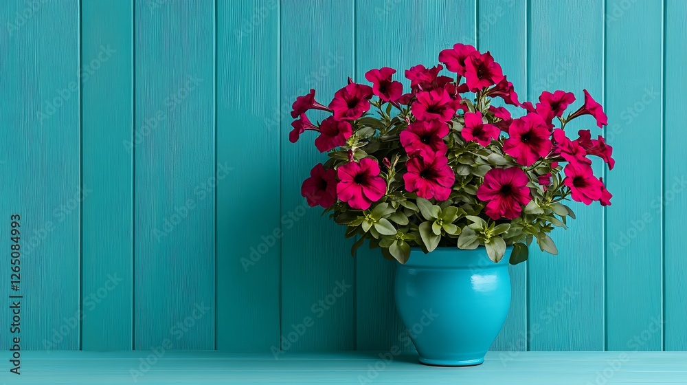 Fototapeta premium Vibrant Crimson Petunias in a Teal Pot Against a Teal Wooden Wall AI Generated