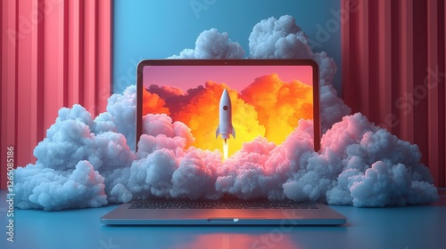 A striking visual of a rocket ascending from a laptop, enveloped in colorful clouds, representing dreams taking flight and the limitless potential of technology and imagination.