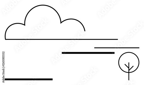 Cloud silhouette, simple tree, and horizontal lines form a clean landscape. Ideal for nature themes, minimal design, simplicity, serenity, abstract art, balance conceptual metaphor