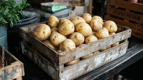 Fresh potatoes in wooden crate, market display, healthy food photo