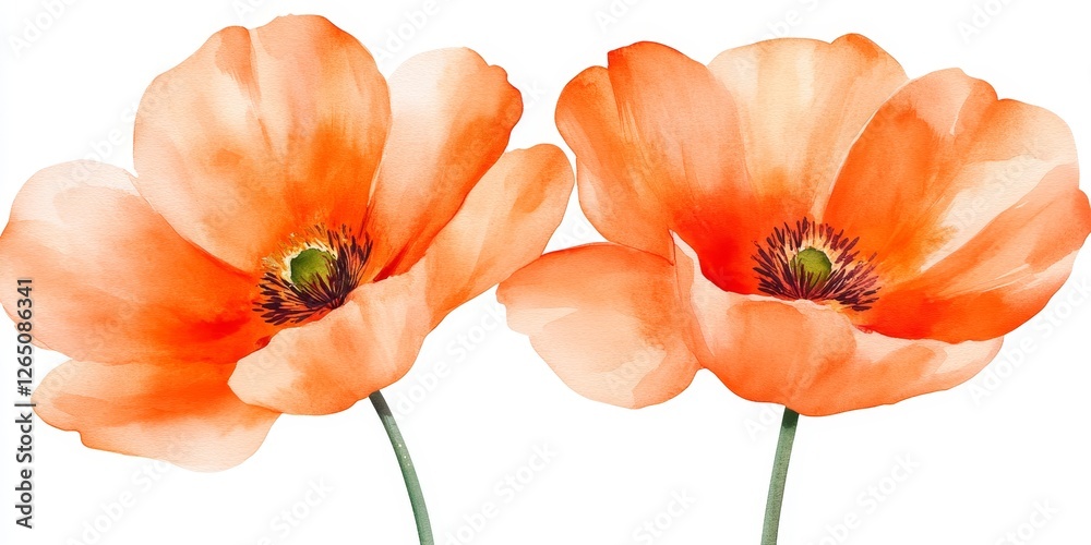 Two Delicate Apricot Poppies A Watercolor Painting with Subtle Gold Accents, Gentle and Calm Two Delicate Apricot Poppies A Watercolor Painting with Subtle Gold Accents, Gentle and Calm