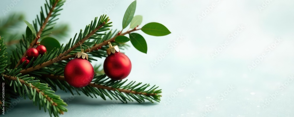 Decorated Christmas tree branch with mistletoe and ornaments, wooden branches, mistletoe Decorated Christmas tree branch with mistletoe and ornaments, wooden branches, mistletoe