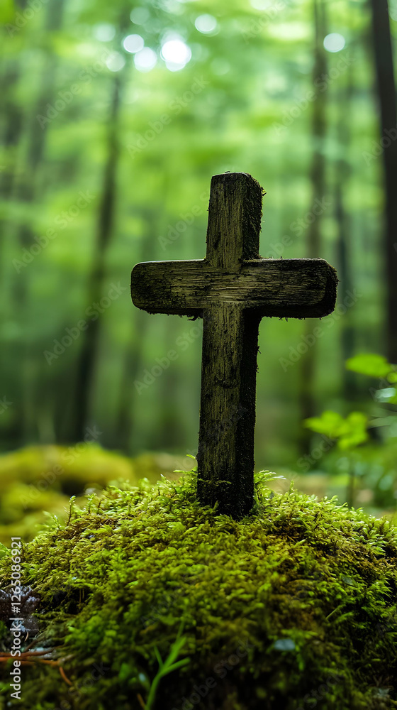 Wooden Cross in a Lush Green Forest Wooden Cross in a Lush Green Forest