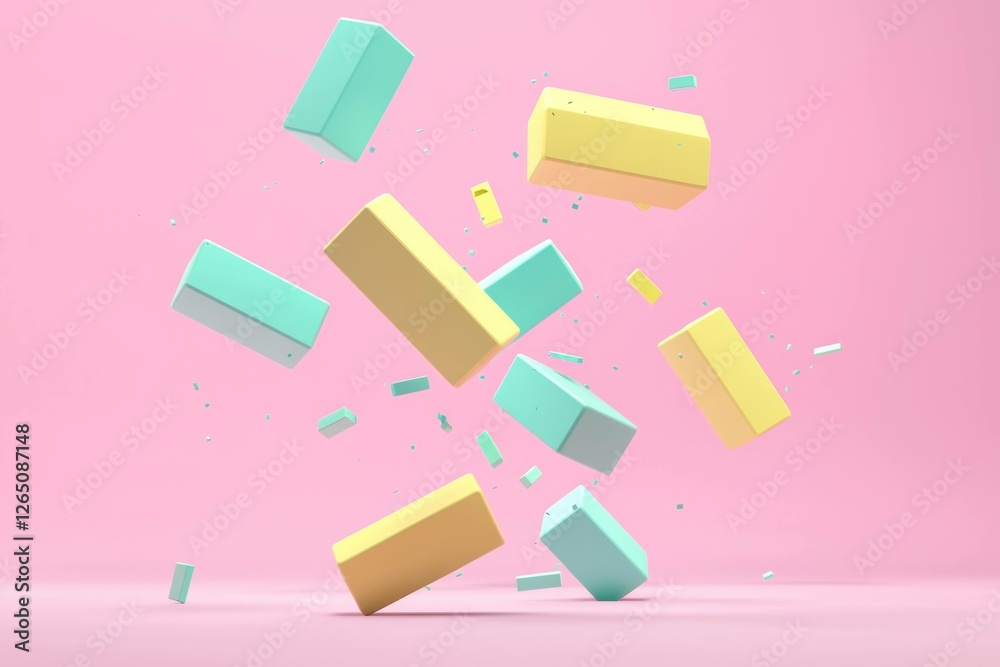 Colorful geometric blocks in motion against a pink background, showcasing dynamic contrast and playful design elements Perfect for creative projects, abstract art, or educational themes Colorful geometric blocks in motion against a pink background, showcasing dynamic contrast and playful design elements Perfect for creative projects, abstract art, or educational themes