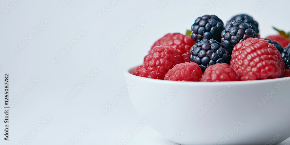 Raspberries and Blackberries in White Bowl Raspberries and Blackberries in White Bowl