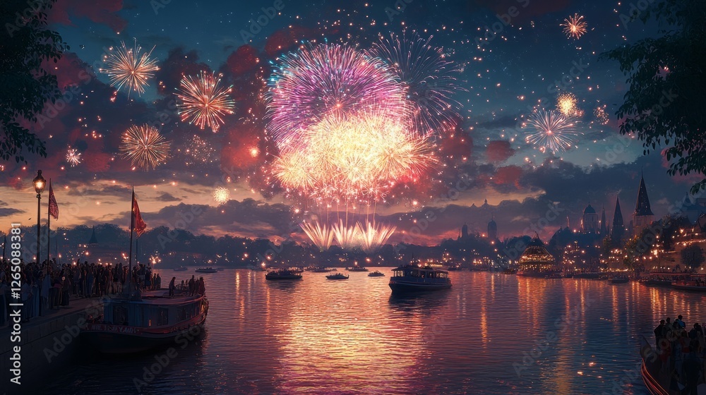 Obraz premium A beautiful scene of a large fireworks display over a calm river, with boats and people watching the show from the shore 