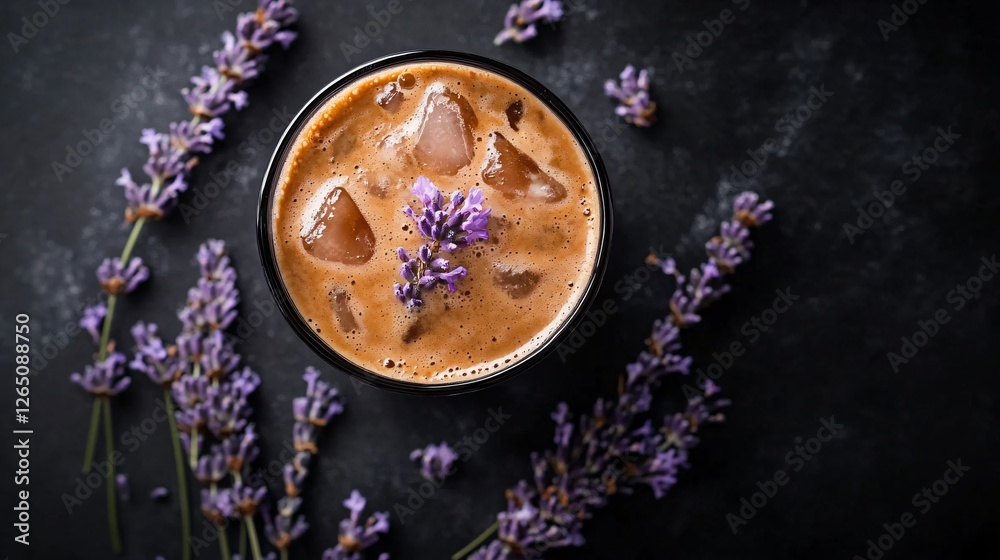 A single iced lavender honey latte on a matte black background, highlighting the contrast between the creamy milk and the deep coffee tones A single iced lavender honey latte on a matte black background, highlighting the contrast between the creamy milk and the deep coffee tones