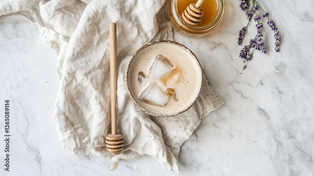 A soft and inviting flat lay featuring an iced lavender honey latte, a linen napkin, and a vintage honey jar with a wooden dipper A soft and inviting flat lay featuring an iced lavender honey latte, a linen napkin, and a vintage honey jar with a wooden dipper