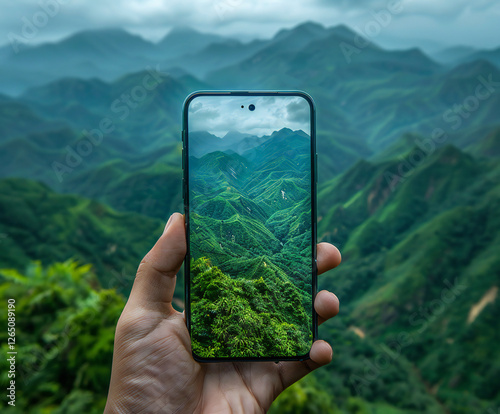Minimalist Smartphone Mockup with Empty Screen and Natural Landscape View Featuring Cutout Background and Perfect Composition for Advertisements, Social Media, and Marketing Materials photo