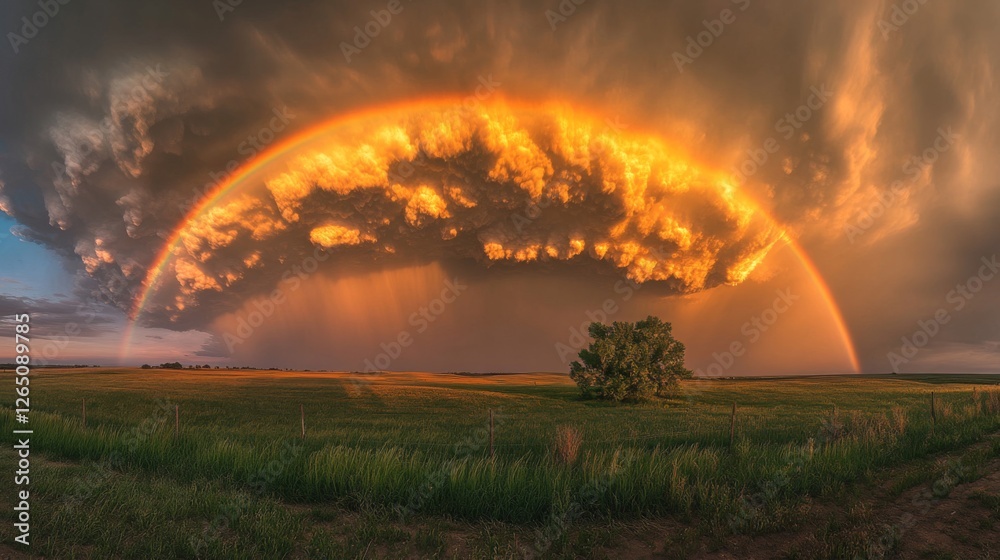 Dramatic Sunset Rainbow Over Golden Prairie Field Dramatic Sunset Rainbow Over Golden Prairie Field
