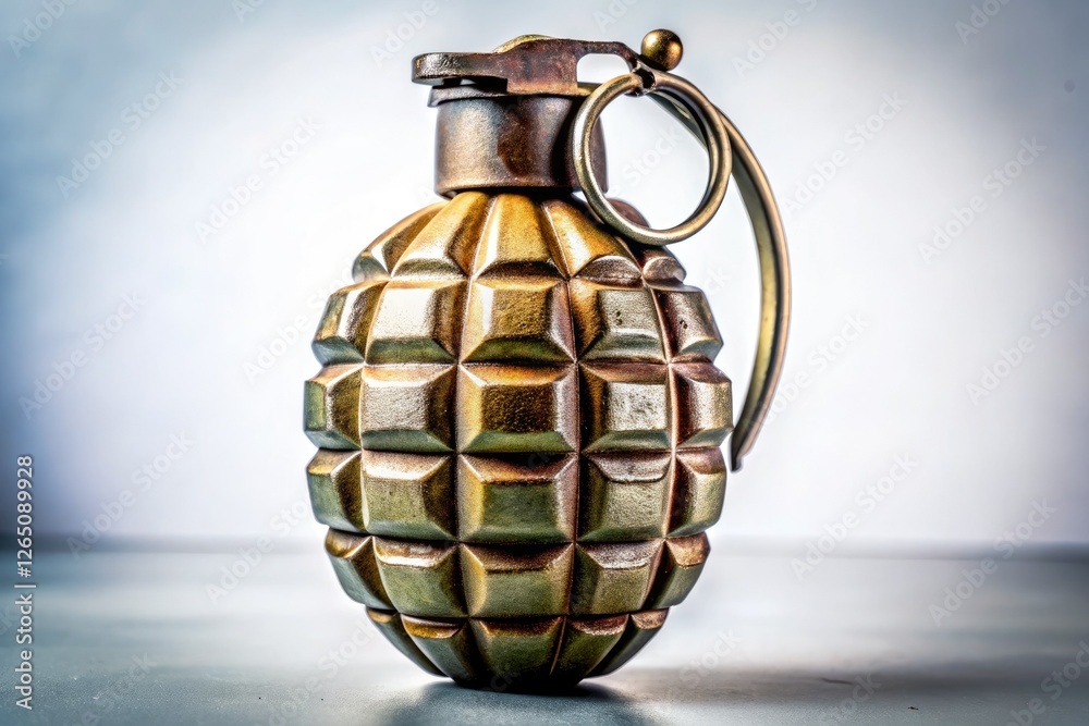 Still life photography: Aged hand grenade, pristine white background, a poignant contrast. Still life photography: Aged hand grenade, pristine white background, a poignant contrast.