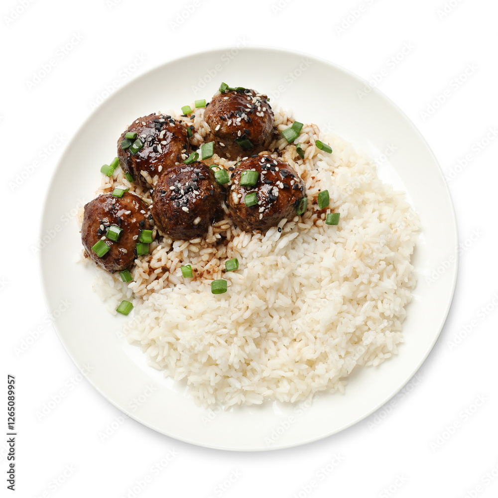 Delicious rice with meatballs, sauce and green onions isolated on white, top view Delicious rice with meatballs, sauce and green onions isolated on white, top view
