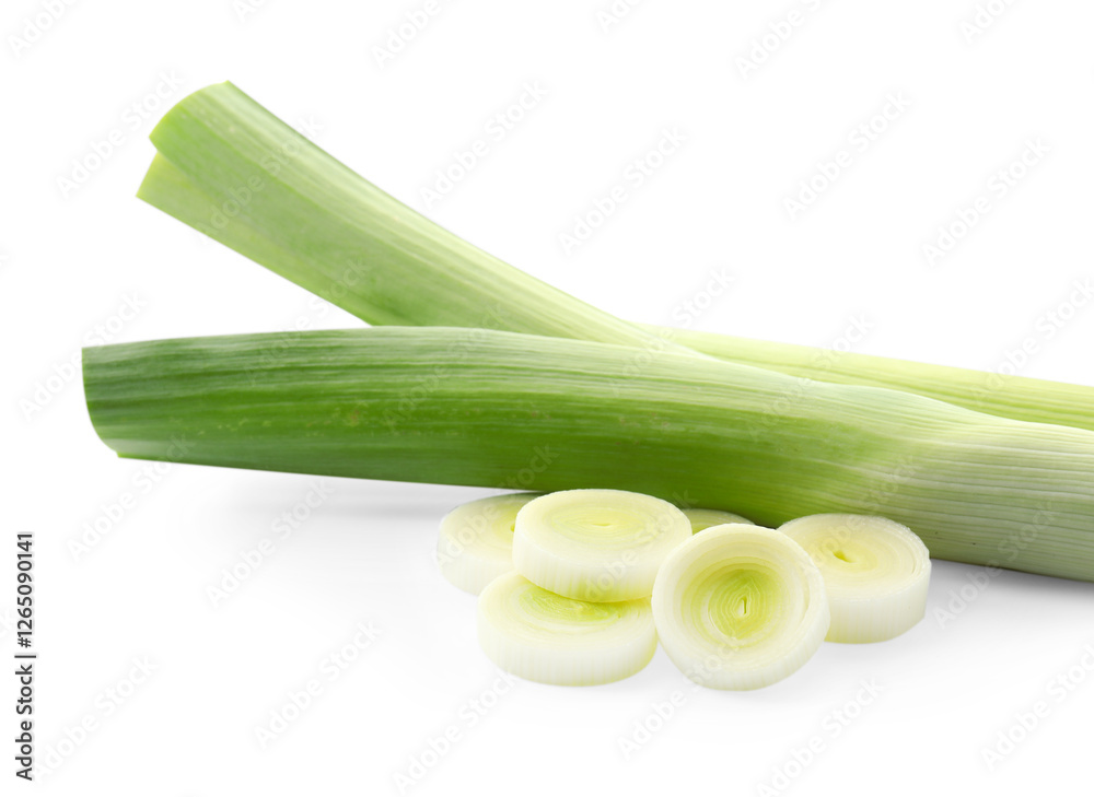 Whole and cut leeks isolated on white Whole and cut leeks isolated on white