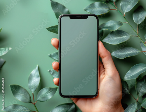 Minimalist Flat Design Hand Holding Smartphone with Empty Screen on Green Background, Ideal for Digital Productivity and Mobile Device UI Design photo