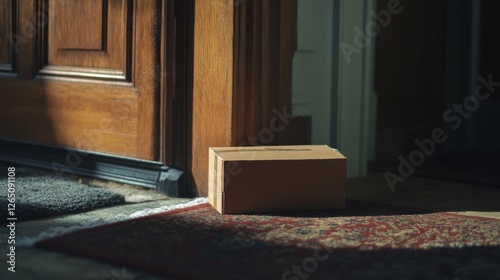 A small package rests by a wooden door, bathed in warm light streaming through, evoking anticipation. photo