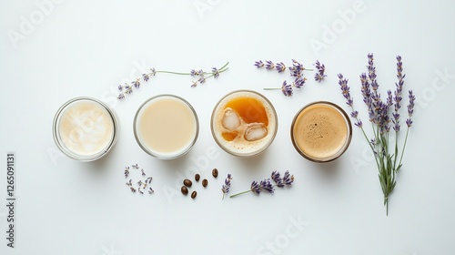 An aesthetic, deconstructed shot of an iced lavender honey latte, with separate glasses of espresso, milk, and lavender syrup, isolated on a clean white background
