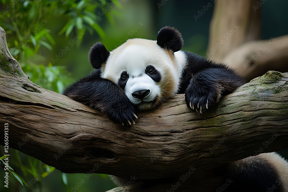 Obraz premium Peaceful Panda Resting on a Tree Branch