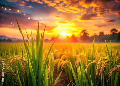 Sunlit golden rice fields at sunrise, bokeh sunset blurring the horizon's beauty. photo