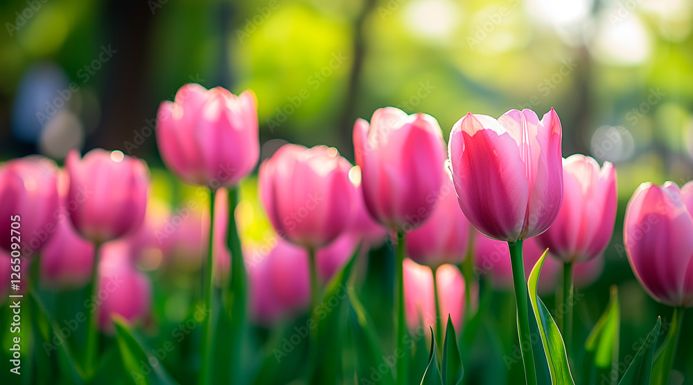 Pink tulips in the park, blurred background of green trees and grass, sunlight filtering through leaves, soft focus on the petals, vibrant spring colors, tranquil atmosphere Pink tulips in the park, blurred background of green trees and grass, sunlight filtering through leaves, soft focus on the petals, vibrant spring colors, tranquil atmosphere