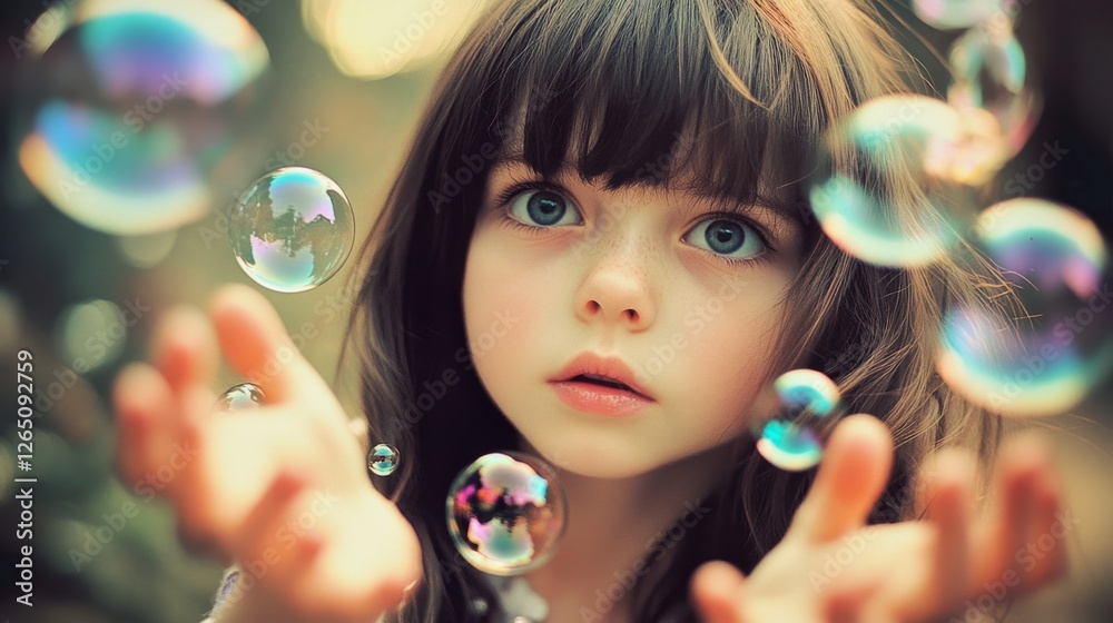 A child with wide, curious eyes reaches out as colorful bubbles float gently around them in a dreamy, soft-focus setting. A child with wide, curious eyes reaches out as colorful bubbles float gently around them in a dreamy, soft-focus setting.