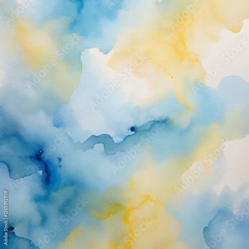 Fluid Watercolor Art with Blended Blue and Yellow Colors Creating Abstract Dreamy Texture and Organic Shapes, Perfect for Serene Wallpaper or Calming Design Element