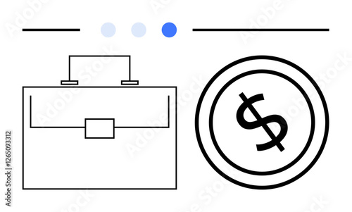 Minimalist briefcase and dollar coin emphasizing business, finance, and growth. Ideal for entrepreneurship, investment, career, economy, leadership, business goals abstract line flat metaphor