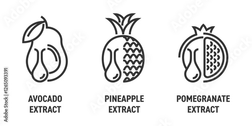 Pomegranate, Pineapple, Avocado extract. Icons set in bold line