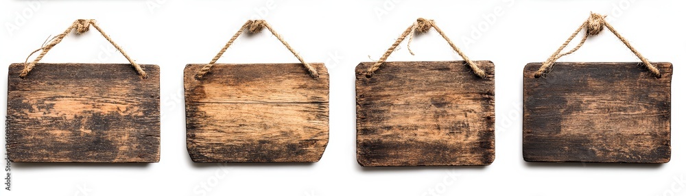 Wooden signs hanging on a rope, isolated on a white background,