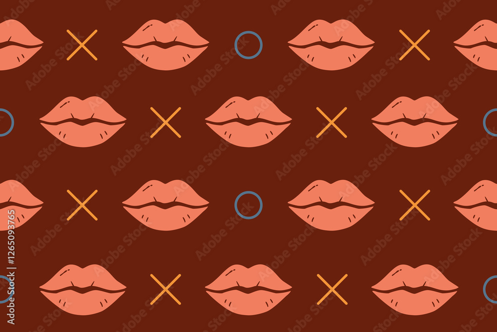 Romantic seamless pattern with lips and geometric symbols on dark background Romantic seamless pattern with lips and geometric symbols on dark background