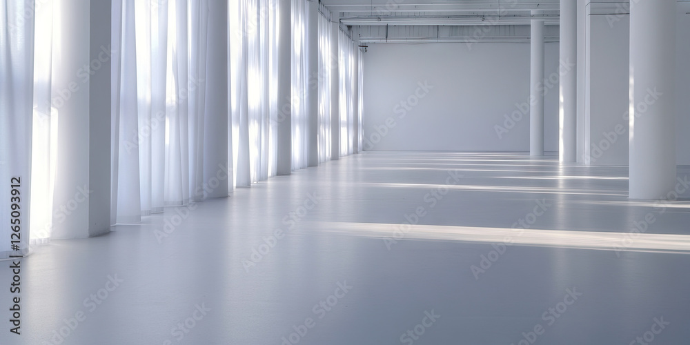 Fototapeta premium Interior Space with White Columns, Curtains, and Sunlight