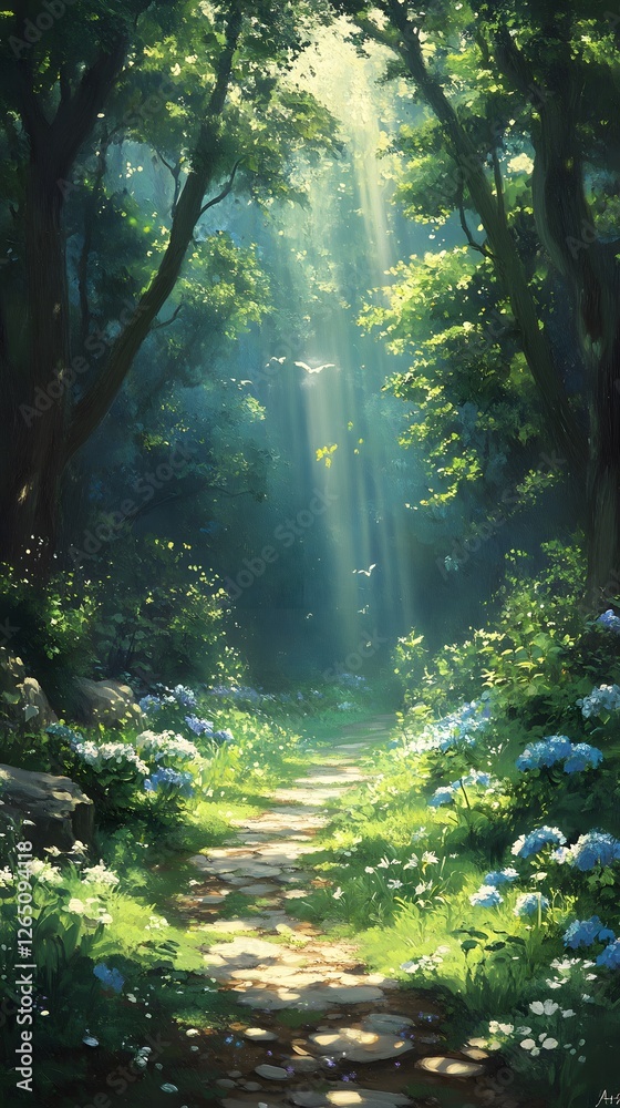 Obraz premium A serene painting of a misty forest at dawn with soft pastels and mood lighting, evoking calm and mystery. Ideal as wall art for coffee shops, spas, or meditation spaces, creating a peaceful ambiance.