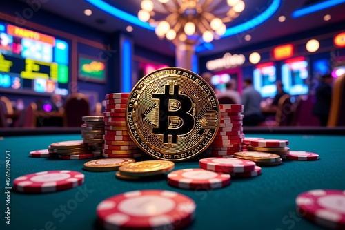 Bitcoin Cryptocurrency on Casino Table with Poker Chips Gambling Blockchain Technology