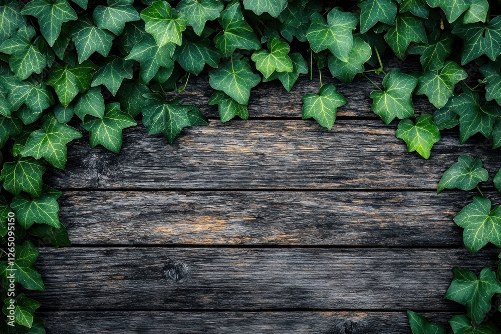 Lush green ivy leaves frame rustic dark brown wooden planks. Lush green ivy leaves frame rustic dark brown wooden planks.