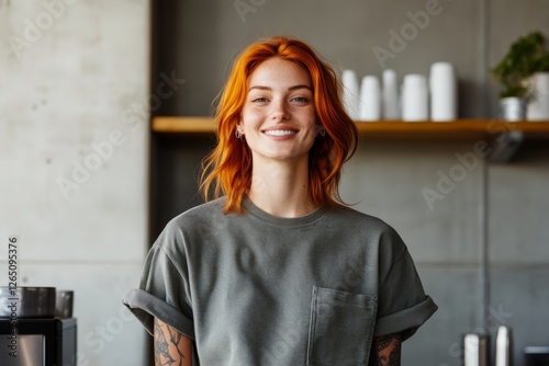 Smiling barista with orange hair in a modern coffee shop setting enjoying her workday photo