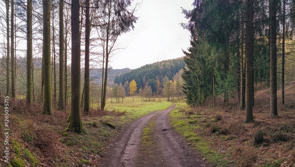 Fototapeta premium Dirt road through autumnal forest leading to a clearing.
