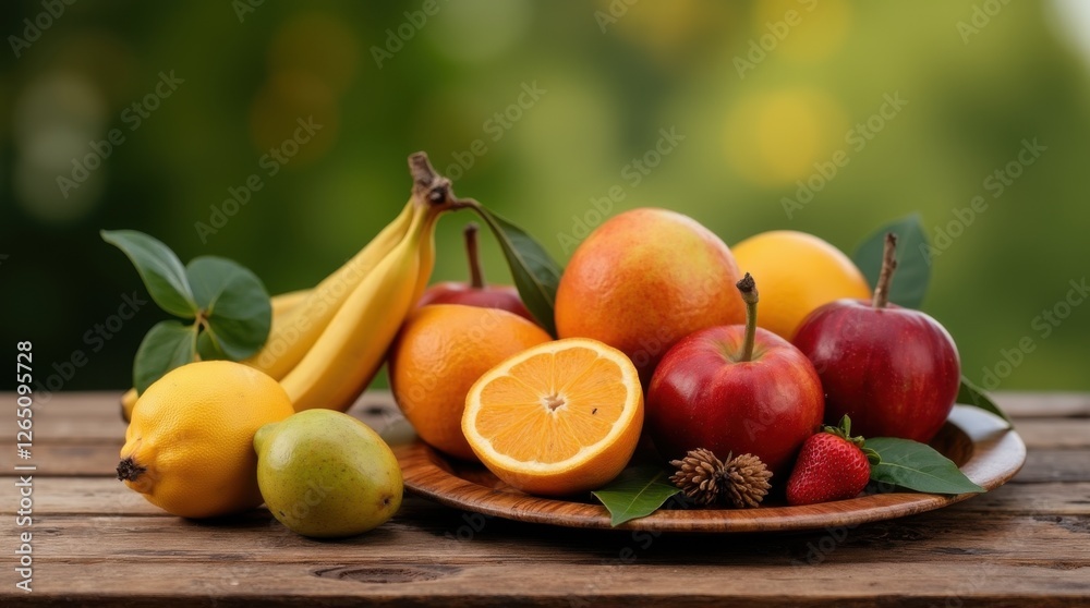 A beautifully arranged fruit basket with bananas, pears, raspberries, and mandarins on a rustic wooden plate, evoking a natural and organic feel.