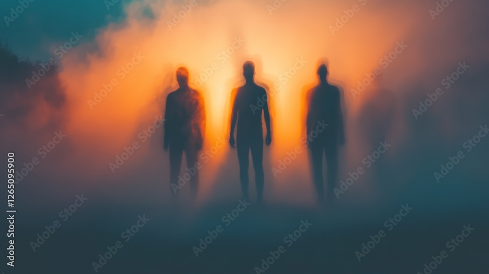 Silhouetted figures emerge from misty clouds under a warm, glowing sky, suggesting an otherworldly journey or reunion. Silhouetted figures emerge from misty clouds under a warm, glowing sky, suggesting an otherworldly journey or reunion.