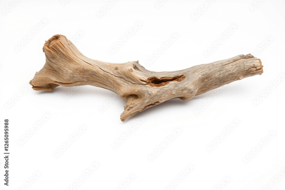 Natural Beauty: Weathered Driftwood Piece with Rustic Charm on White Background. Natural Beauty: Weathered Driftwood Piece with Rustic Charm on White Background.