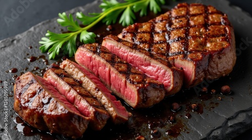 Juicy grilled beef steak, perfectly seared with a rich pink center, served on a dark slate plate with fresh herbs and a glaze drizzle. photo