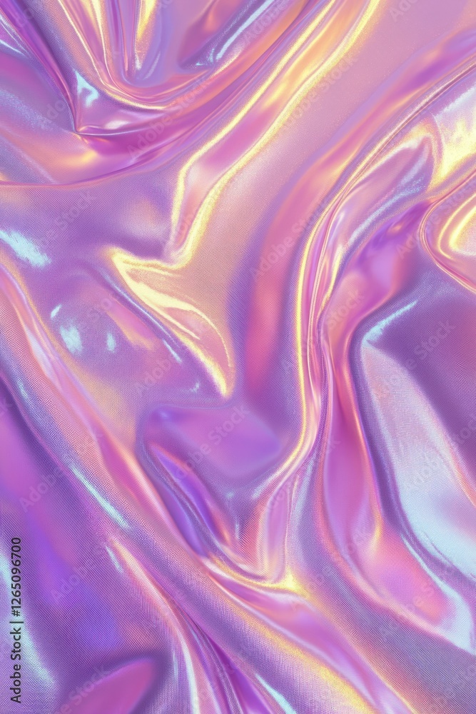 Fototapeta premium Abstract iridescent fabric texture with flowing, wavy folds in pastel purple, pink, and yellow hues.