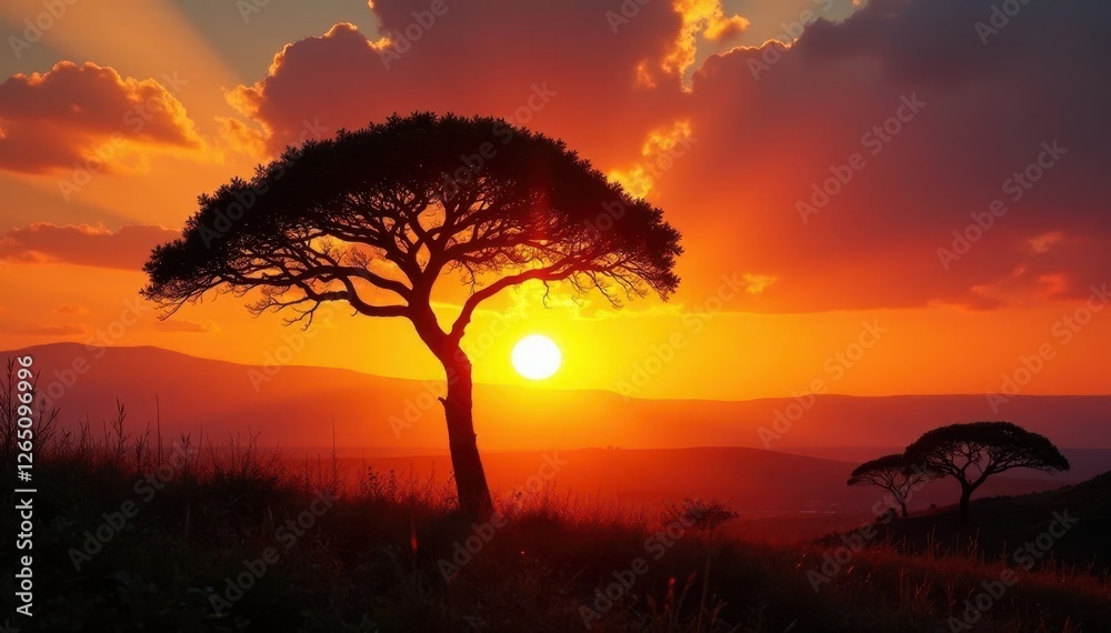 Majestic acacia silhouette at sunset, Taita Hills, Kenya, red, evening Majestic acacia silhouette at sunset, Taita Hills, Kenya, red, evening