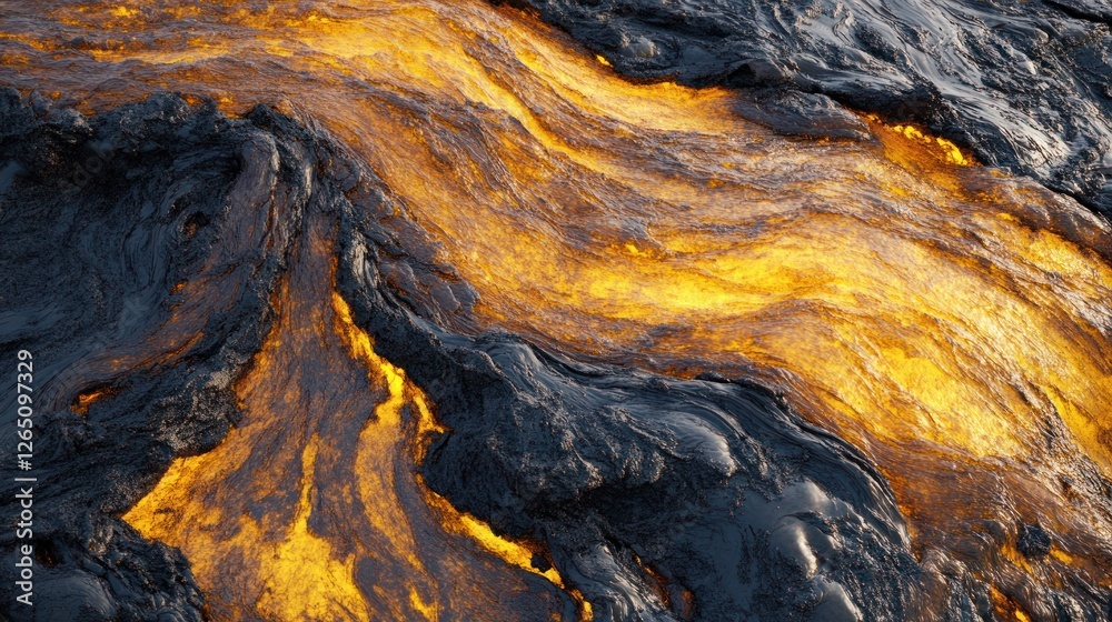 Molten lava flows across dark volcanic rock, creating a fiery, textured surface. Molten lava flows across dark volcanic rock, creating a fiery, textured surface.