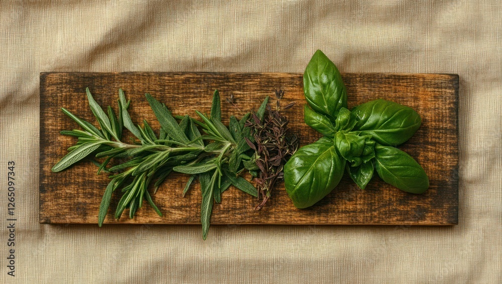 Fresh rosemary, thyme, and basil sprigs arranged on a rustic wooden board. Fresh rosemary, thyme, and basil sprigs arranged on a rustic wooden board.