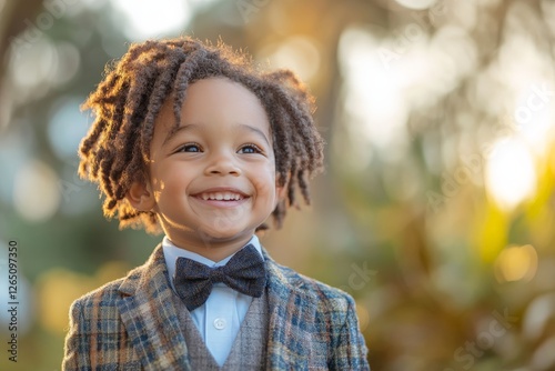 Young boy in stylish suit enjoys outdoor setting with a bright smile during golden hour in a lush garden photo