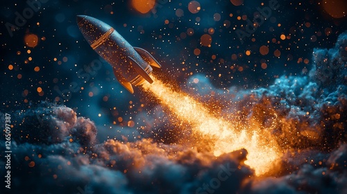A beautifully detailed rocket lifts off amidst a dramatic backdrop of sparkling cosmic clouds, embodying the excitement of exploration and achieving the impossible.