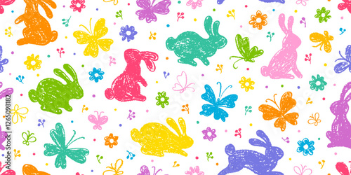 Bunny and butterfly pattern. Easter seamless flower and rabbit crayon vector background. Cute floral pattern with rainbow bunny animal, spring butterfly. Easter baby rabbit design. Watercolor print bg