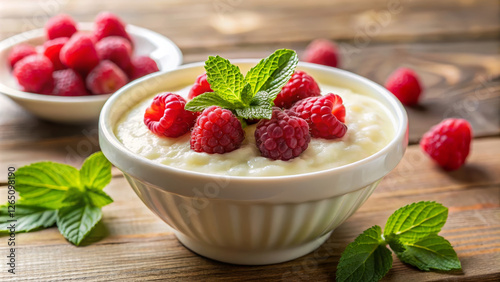 Creamy tapioca pudding topped with fresh raspberries and mint leaves, served in a white bowl